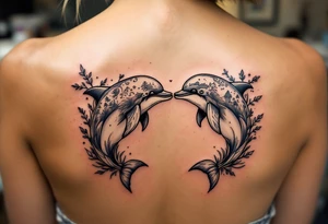 Two really ugly dolphins kissing in sunset tattoo idea