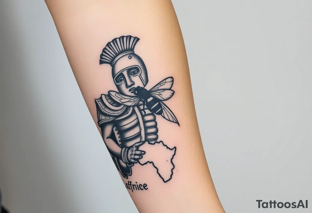 Imaginez un tatouage ou ont peut voir des éléments architecturaux de Rome, comme le Colisée, un gladiateur avec une abeille sur le bouclier Enfin, dans le coin inférieur de l'image une carte de la centre Afrique et la grenade  de la cavalerie tattoo idea