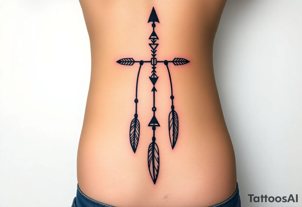 Thin spinal tattoo following down the spine in a native style with multiple different lengths flowing lines made of a discreet connection of morse code ".--- .- --.     .-.. ... -.- .- .-.   -.. .. --.     .-.. .. .-.. .-.. . -... .-. --- .-. forming an arrow connected to flowing feathers hanging from the morse code lines tattoo idea