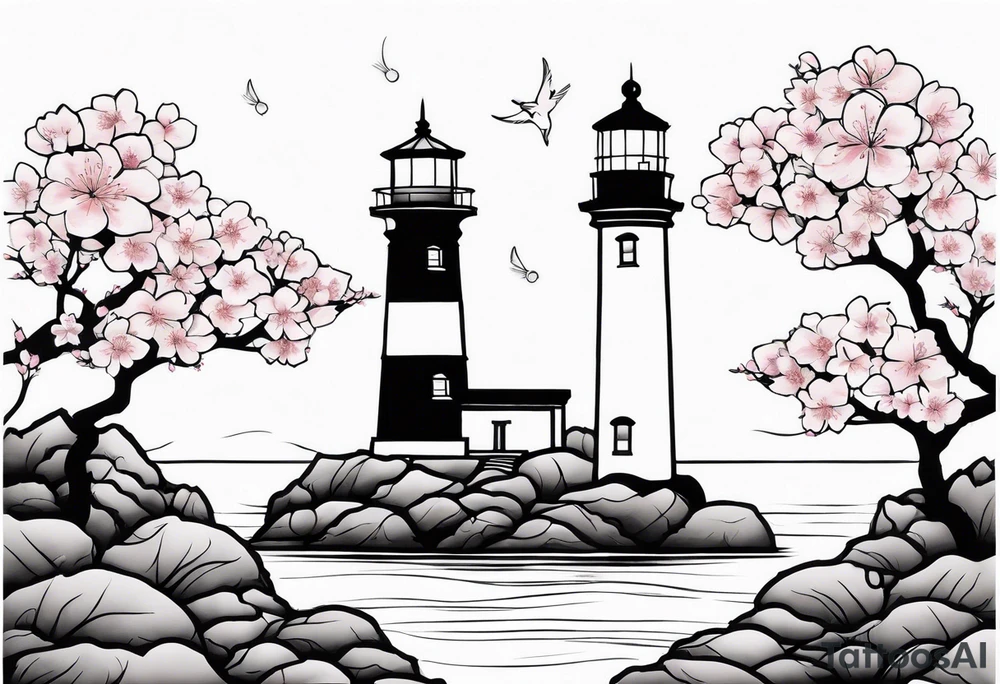 cherry blossom with lighthouse tattoo idea