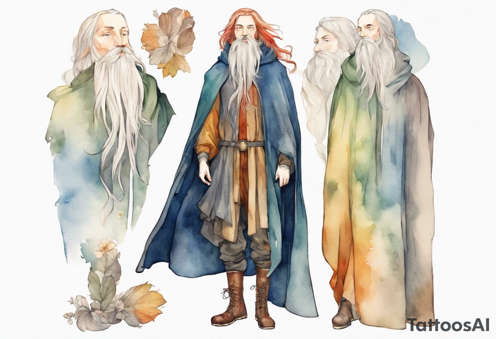 A tall, beautiful Swedish man with long multi-color hair and beard. Wearing a medieval cloak and boots. tattoo idea