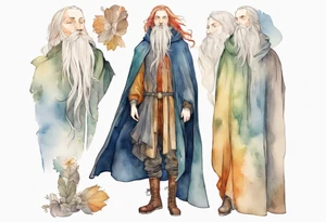 A tall, beautiful Swedish man with long multi-color hair and beard. Wearing a medieval cloak and boots. tattoo idea