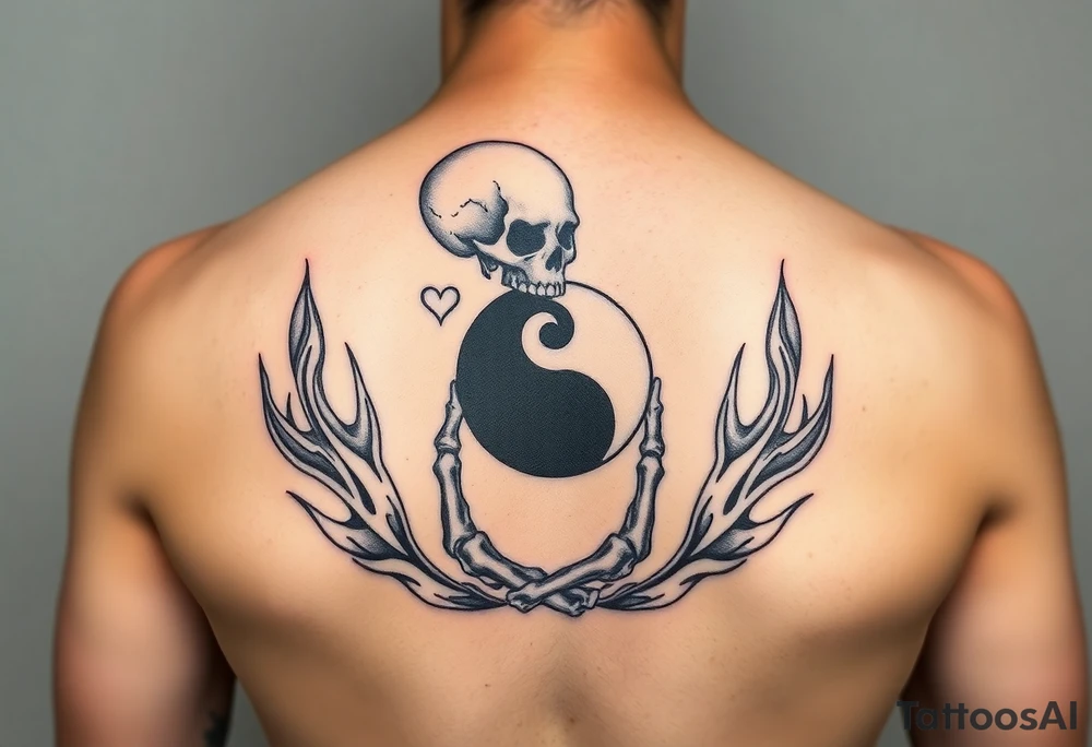 female skeleton surround by subtle flames holding the black half of the yin yang in her hand tattoo idea