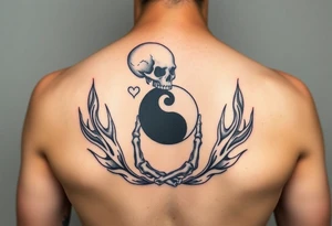 female skeleton surround by subtle flames holding the black half of the yin yang in her hand tattoo idea