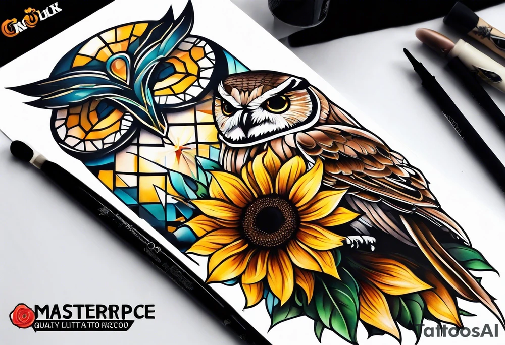 Sunflower forearm tattoo with owl, and light house tattoo idea