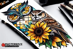 Sunflower forearm tattoo with owl, and light house tattoo idea
