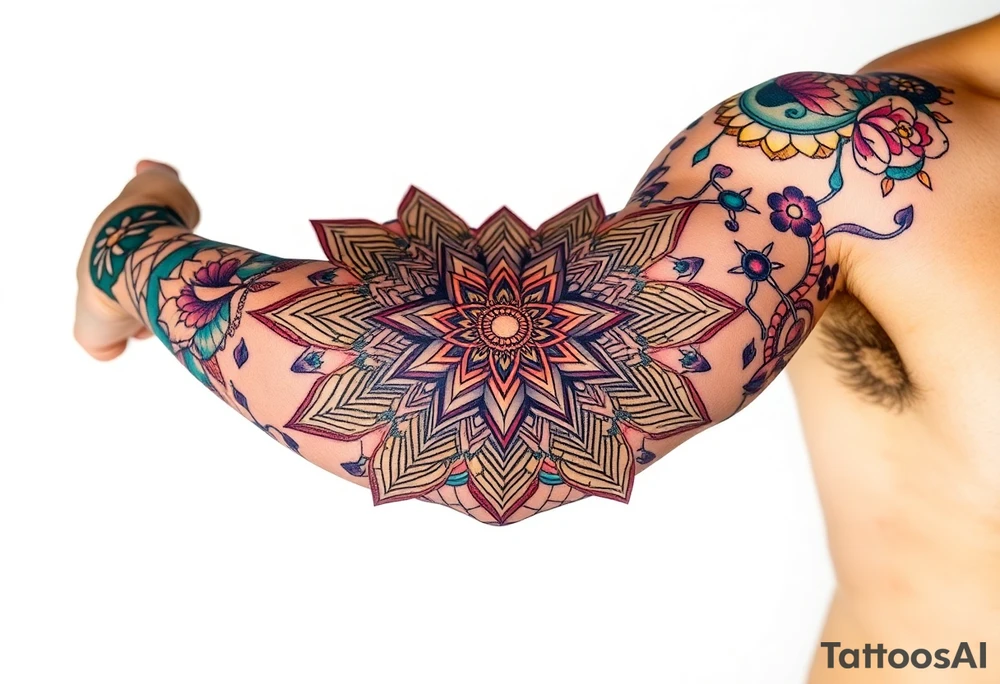 intricate mandala with sacred geometry and cosmic elements tattoo idea