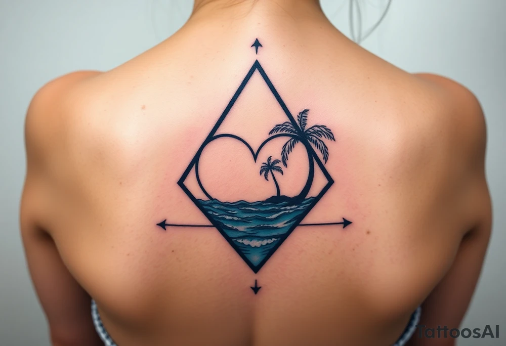 A triangle with a big heart in the center with an ocean theme and palm trees tattoo idea