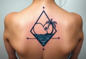 A triangle with a big heart in the center with an ocean theme and palm trees tattoo idea