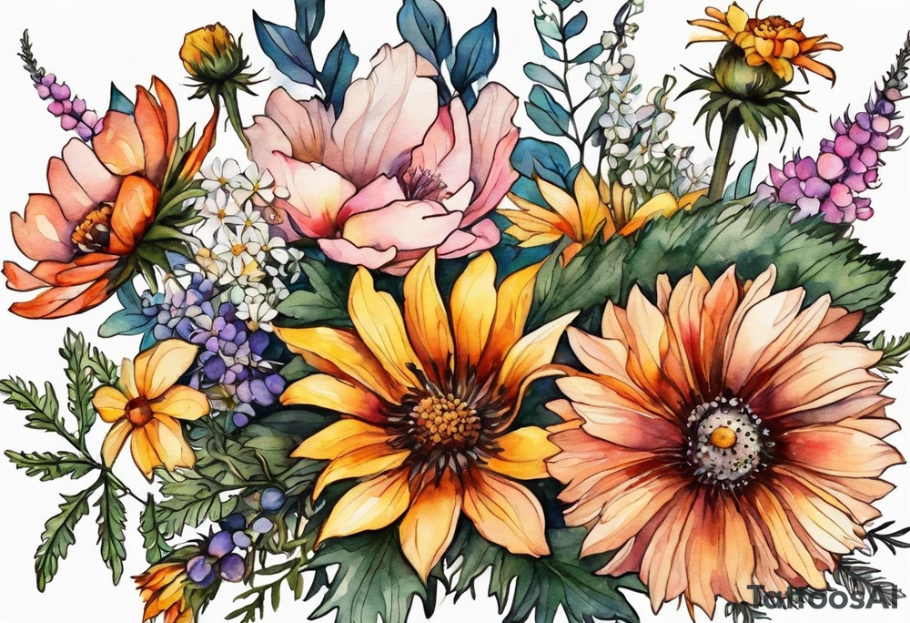 mixed wildflower cascading with thistles, ferns, burnt orange flower, white flowers, pink flowers, and yellow flowers all in watercolor tattoo idea