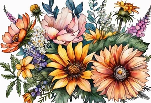 mixed wildflower cascading with thistles, ferns, burnt orange flower, white flowers, pink flowers, and yellow flowers all in watercolor tattoo idea