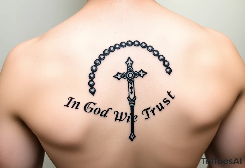 Rosary surrounded by the words "In God We Trust" tattoo idea