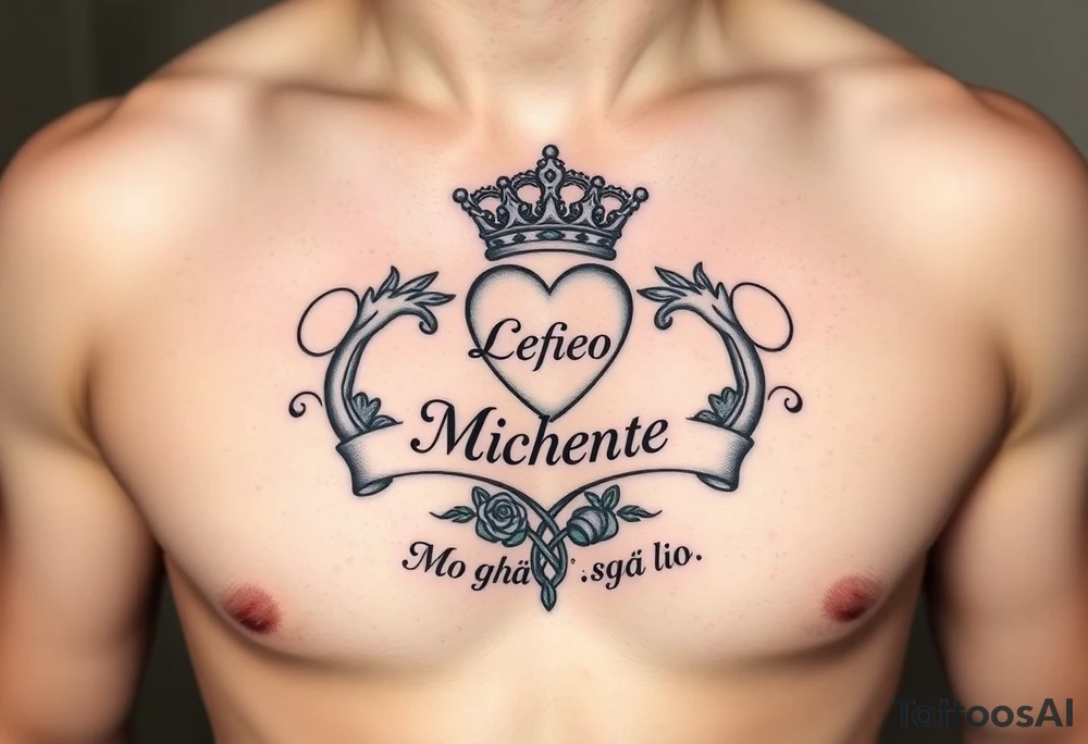 Claddagh placed on a man’s chest. Name Michelle placed between the heart and the crown. Irish rose and Celtic knot incorporated into the design. Flour de lit. Mo ghrá go deo written at the very bottom. tattoo idea