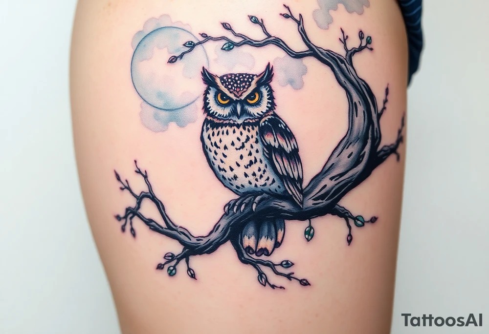 wise owl perched on ancient oak branch under starlit sky tattoo idea