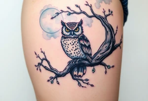 wise owl perched on ancient oak branch under starlit sky tattoo idea