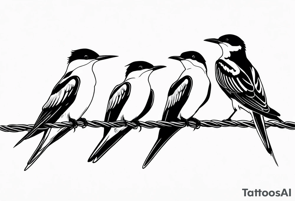 Three Arctic tern Silhouettes on a single power Line. Two are sittintg, one is about to fly tattoo idea