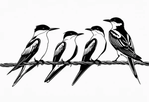 Three Arctic tern Silhouettes on a single power Line. Two are sittintg, one is about to fly tattoo idea
