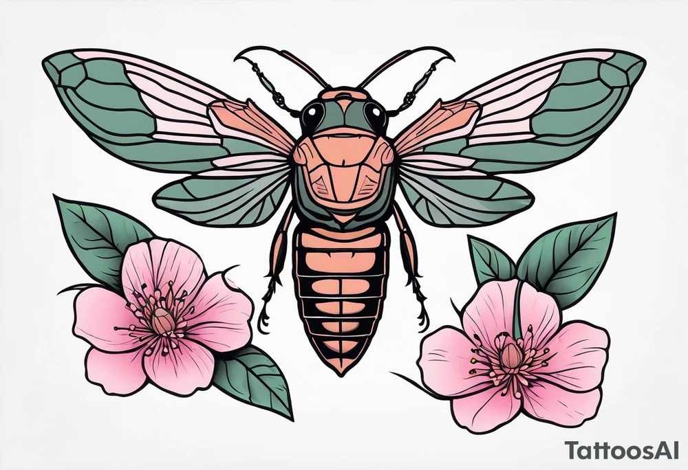 Neo traditional Cicada and pink flower tattoo idea