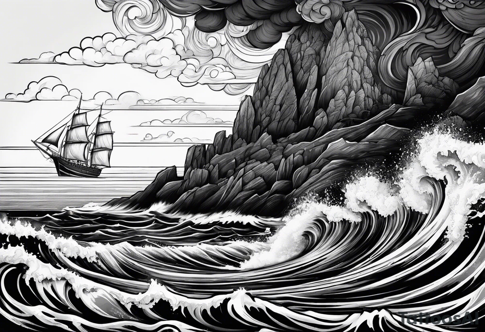 Boat in ocean of lava tattoo idea
