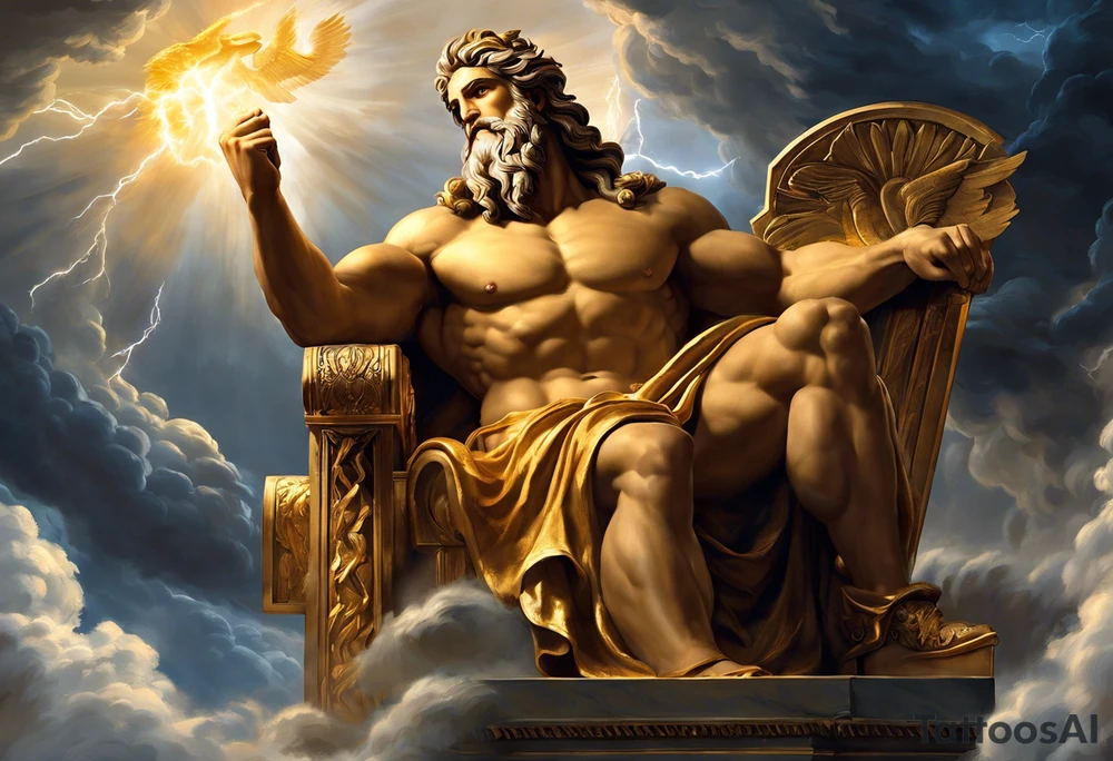 Zeus (Left Shoulder):

Zeus depicted in a seated position on a throne of clouds, holding a thunderbolt aloft in one hand.
The background could feature storm clouds with lightning bolts arcing across the sky.
Eagles, symbols of Zeus, soaring around him or perched on the throne's armrests.
Poseidon (Left Upper Arm):

Poseidon riding a chariot pulled by sea horses, with waves crashing around them.
Poseidon wielding his trident with a powerful stance, commanding the sea.
Dolphins and fish swimming through the waves, along with swirling patterns to represent the movement of water.
Hades (Left Forearm):

Hades seated on a dark throne in the underworld, surrounded by shadowy figures.
Flames flickering in the background, casting an eerie glow on Hades's features.
Ghostly apparitions and skeletal figures emerging from the darkness, representing souls in the underworld.
Transition and Unity:

Lightning bolts from Zeus's domain gradually transitioning into crashing waves representing Poseidon's domain.
Wisps of shadow and mist creeping in from the underworld, blending seamlessly into the darkness surrounding Hades. tattoo idea