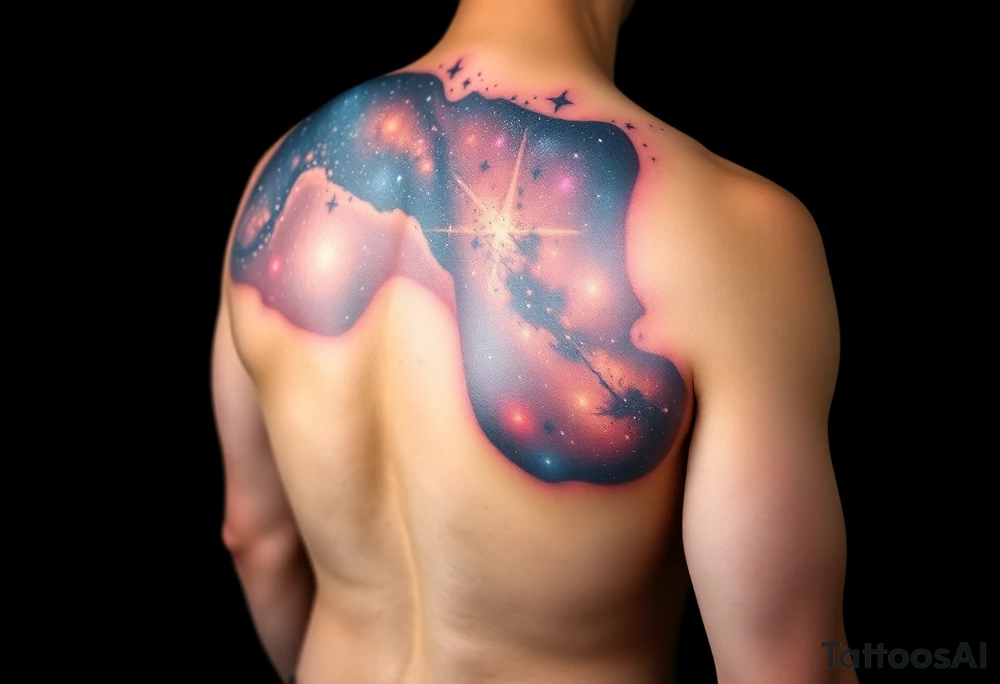 Beautiful and epic 3d milky way that appears to be what is beneath the skin. Make it drape over the shoulder and move to the middle back. use negative spaces to create stars and dust. Incorporate God breathing life into the universe. IKeep it symmetrical tattoo idea