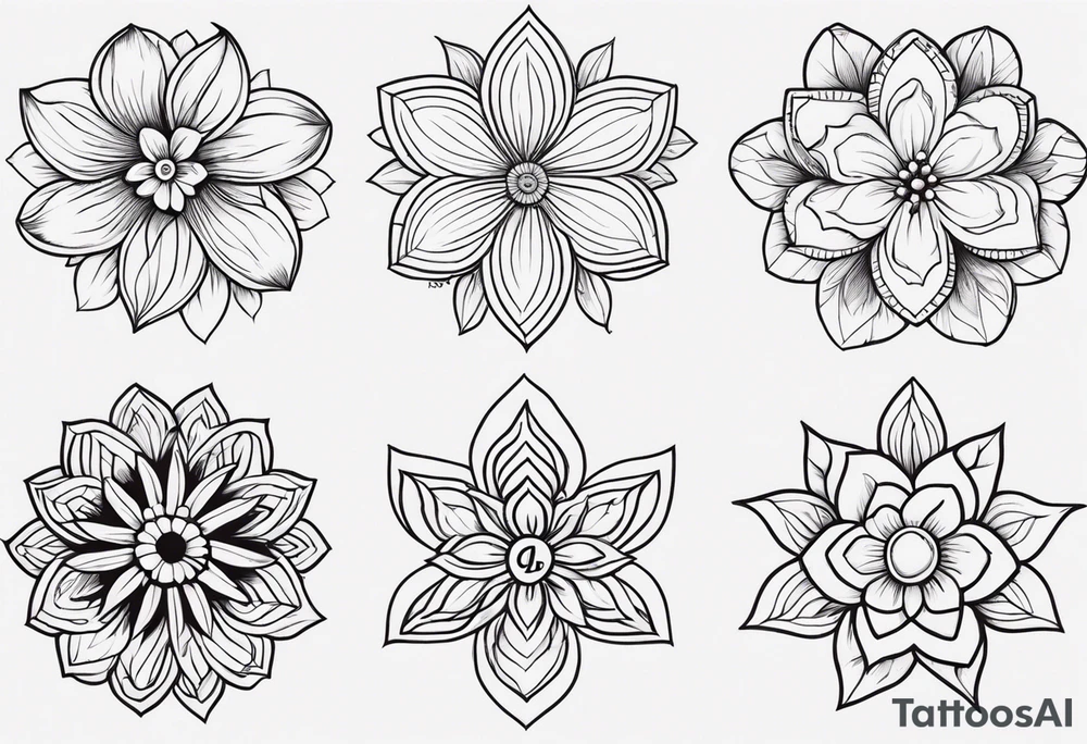 Four small flowers with initials J, F, K, & L in them tattoo idea