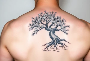 Bonsai weeping Cherry blossom tree of life with loved ones names in the roots and branches tattoo idea