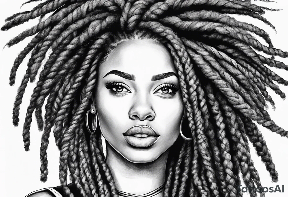 Draw a women head with real dread locks flying in the air, all hair should be to see tattoo idea