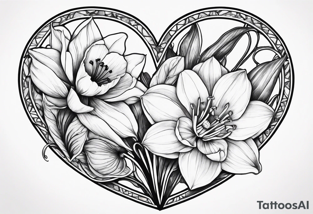 A daffodil a water lily and a morning glory in a heart tattoo idea
