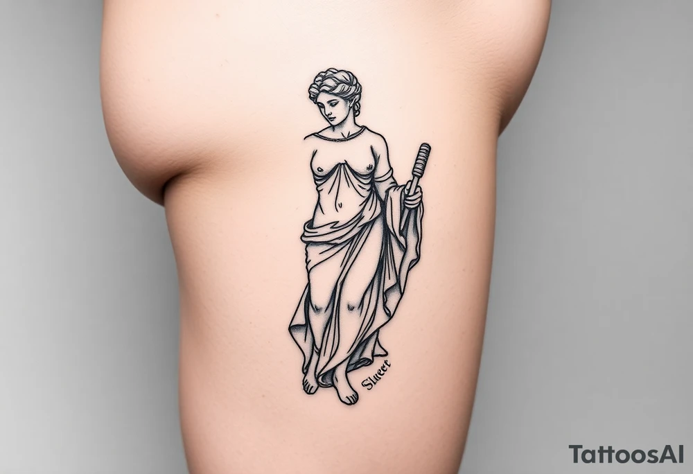 outer thigh tattoo greek sculpture female, fine line tattoo idea
