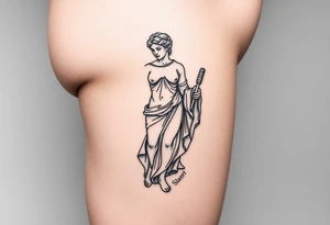 outer thigh tattoo greek sculpture female, fine line tattoo idea
