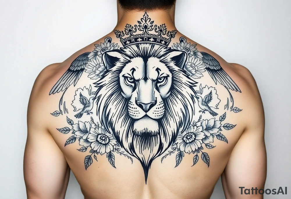 powerful majestic lion with a crown, surrounded by floral ornaments and birds tattoo idea