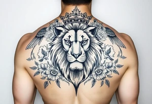 powerful majestic lion with a crown, surrounded by floral ornaments and birds tattoo idea