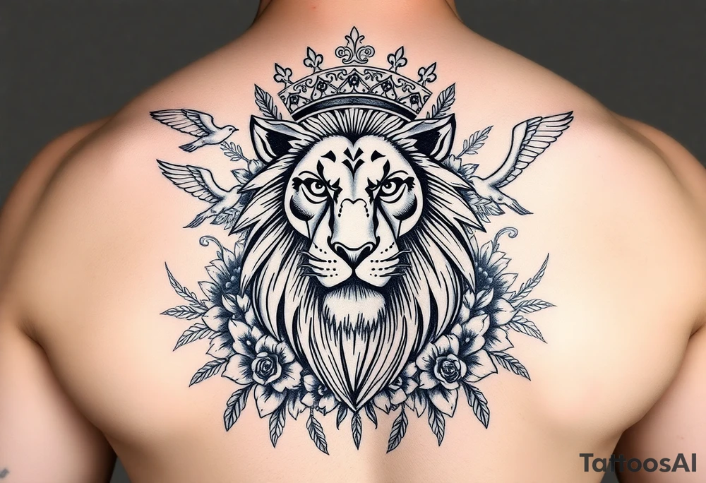 powerful majestic lion with a crown, surrounded by floral ornaments and birds tattoo idea