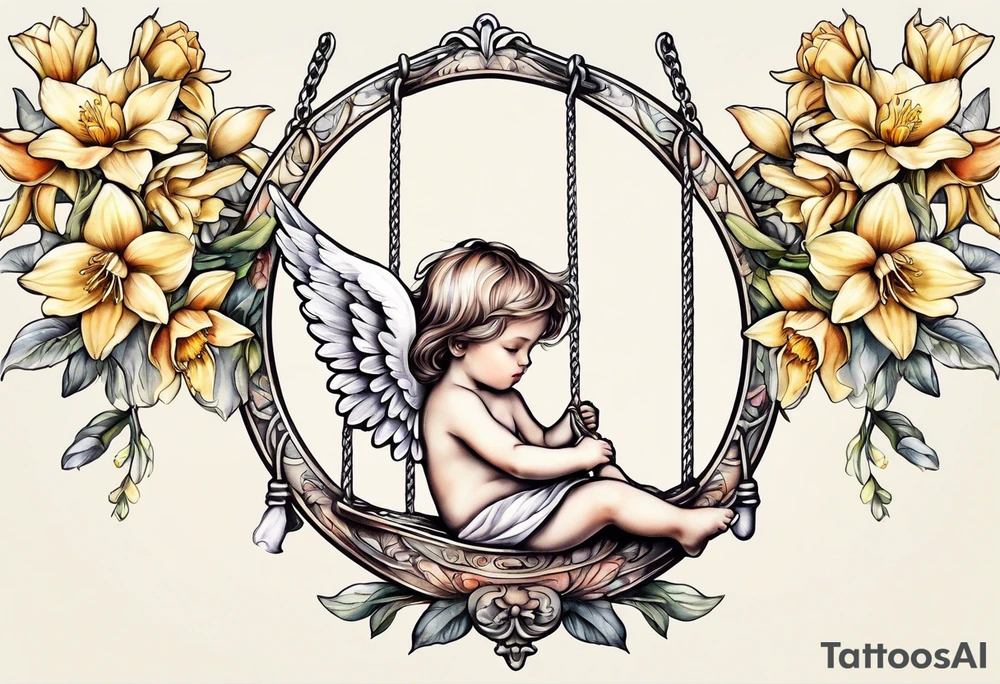 angel child on swing with sagging wings, head down surrounded by lily, daffodil, rose, daisy, narcissus tattoo idea