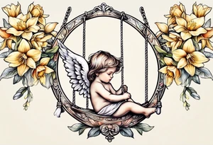 angel child on swing with sagging wings, head down surrounded by lily, daffodil, rose, daisy, narcissus tattoo idea