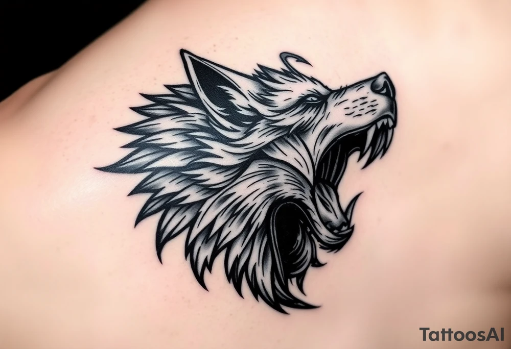 side face of wolf from hell with some tribal art around it. must be long enough to fit the outside of my forearm. tattoo idea