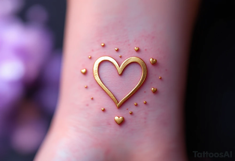 A symbol of rune of love in the shape of a heart, carved with clean, sharp edges. The design in golden, and the background features a lavender glow. Tiny hearts float around the symbol, representing infinite devotion. tattoo idea
