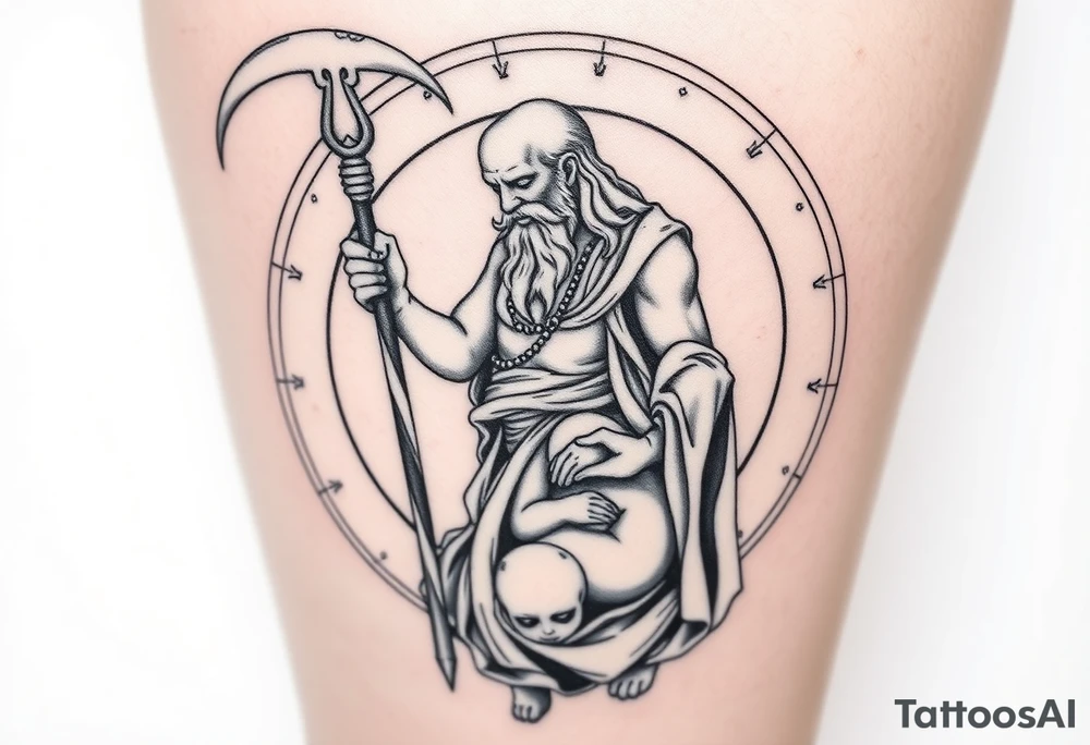 a tattoo design of the old wise God Saturn holding his scythe looking down using the spear to keep himself upright, in his other arms cradling a twin dying younger version of himself. The gemini constellation is in the background behind the Saturn Gods. Long vertical form as this will be on a thigh - include the planet Saturn rings going round the design tattoo idea
