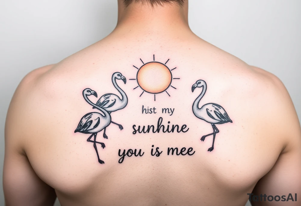Multiple cute cartoonish Flamingos with a sun and the saying you are my sunshine with colors tattoo idea