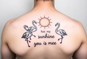 Multiple cute cartoonish Flamingos with a sun and the saying you are my sunshine with colors tattoo idea