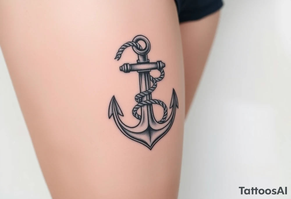 weathered anchor wrapped in nautical rope with sea waves tattoo idea