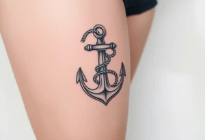 weathered anchor wrapped in nautical rope with sea waves tattoo idea