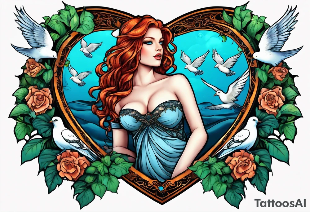 Black colored Aphrodite with auburn hair and ocean-blue eyes surrounded with doves and poison ivy sitting on a heart tattoo idea