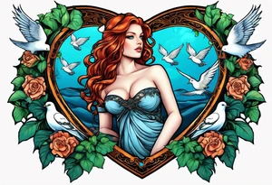 Black colored Aphrodite with auburn hair and ocean-blue eyes surrounded with doves and poison ivy sitting on a heart tattoo idea
