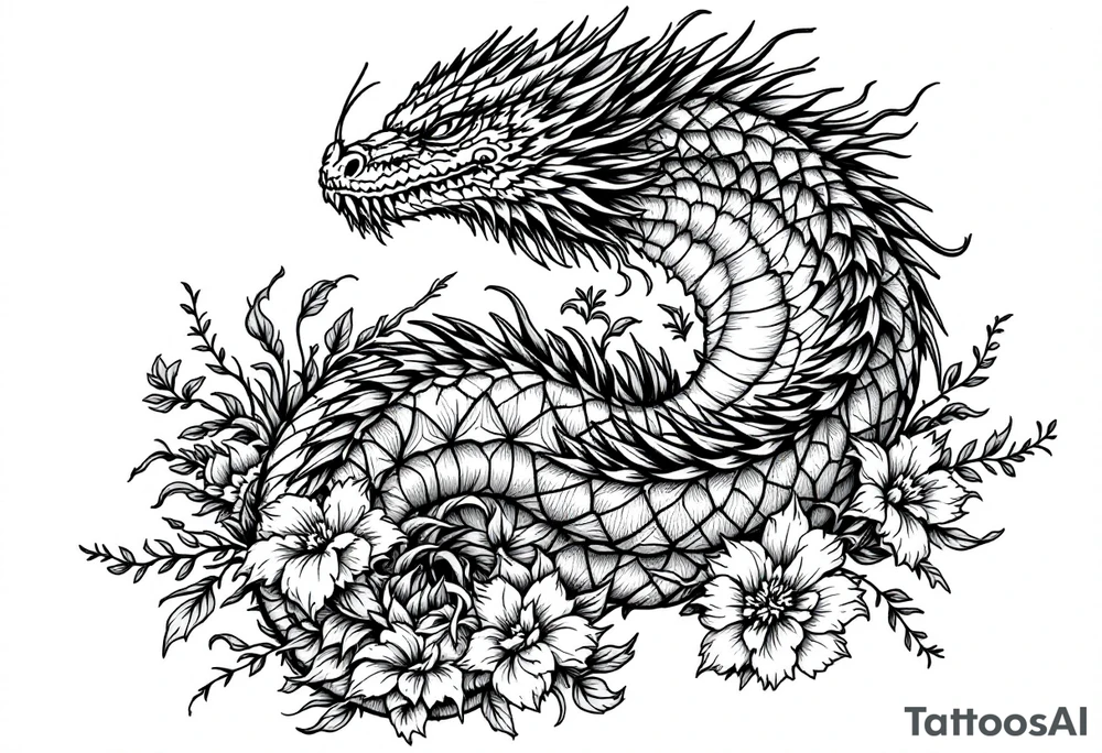 powerful majestic reptile, surrounded by floral ornaments tattoo idea