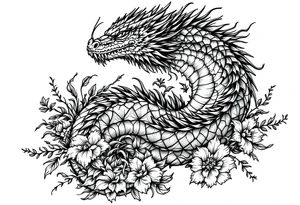powerful majestic reptile, surrounded by floral ornaments tattoo idea