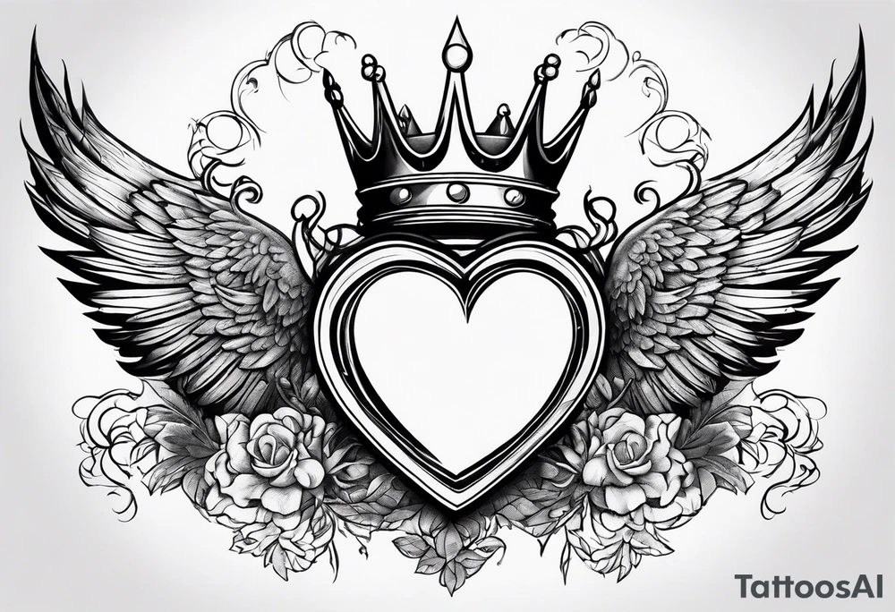 Heart, kings crown and wings tattoo idea