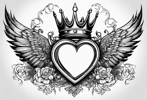 Heart, kings crown and wings tattoo idea