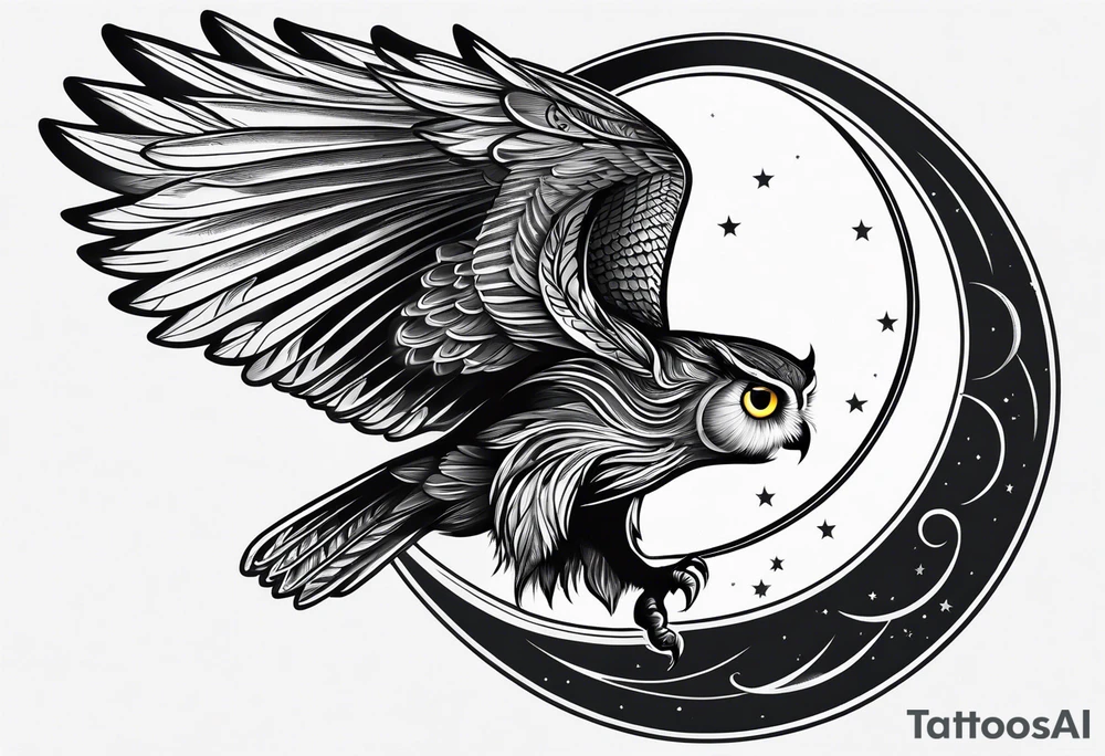 Crescent moon side profile of owl flying tattoo idea